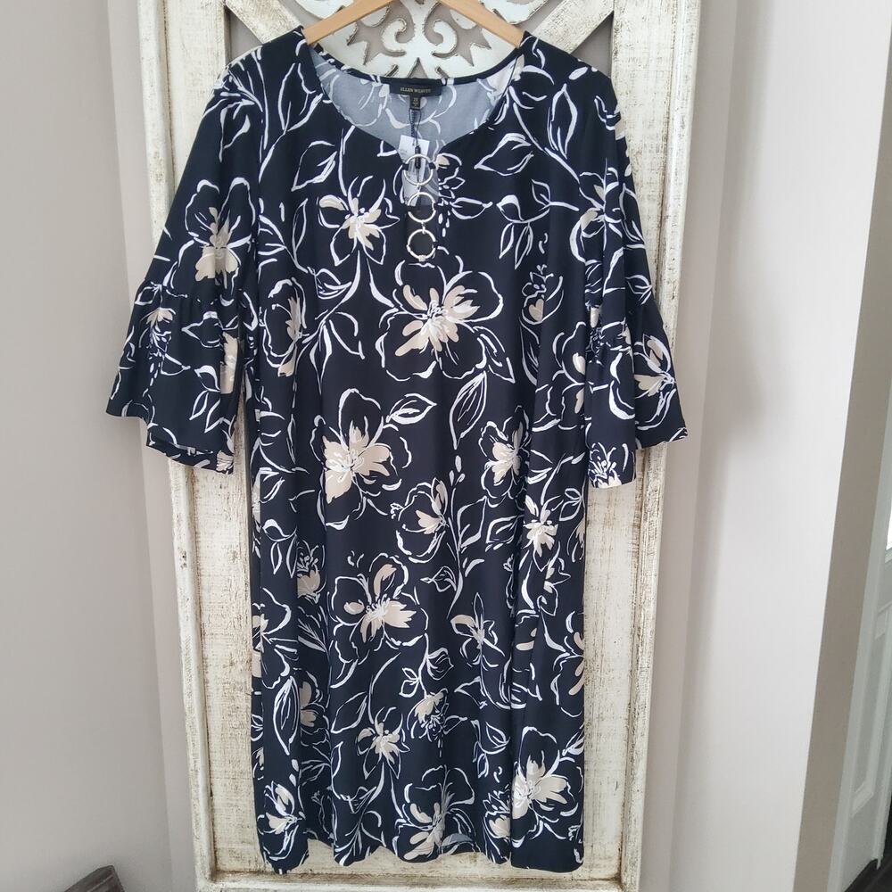 Ellen Weaver Corporatecore Boho Black Floral Bell Sleeve Ring Shift Dress 2X